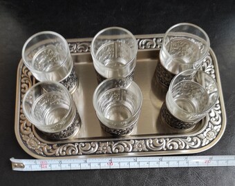 Set of 6 Vintage Small GLASS CUPS With Tray Wooden With Tray Glass