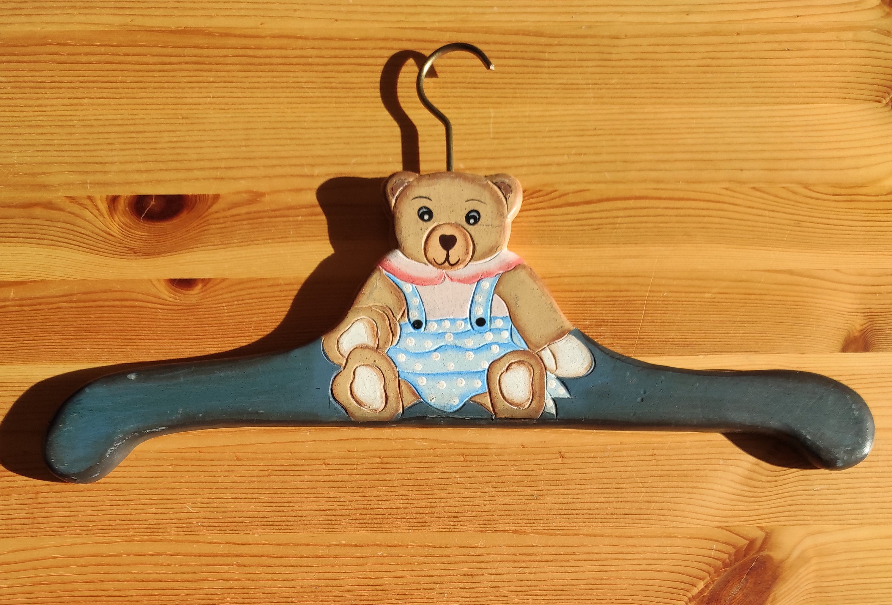 2 Cintres En Bois Vintage Années 30 Pour Enfant : Bleu Sarcelle Avec Chien, Rose Avec Chaton