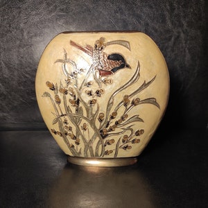 Vintage brass vase with enamel bird decoration/ Вrass heavy vase with enamel bird and plant decoration/ Brass vase with cloisonné enamel
