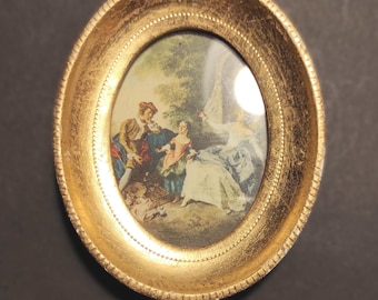 Very Small Vintage Italian Gold Oval Wooden Frame with Glass and an Antique Print Reproduction