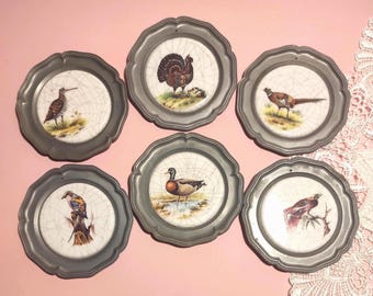 Set of 6 Pewter Coasters - Vintage Germany 60s Coasters a Forest Bird Pattern for Farmhouse, Woodland Home, or Hunting Lodge Decor
