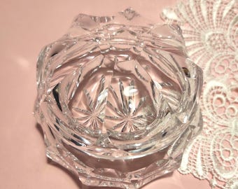 Vintage Lead Crystal Small Round Vanity Trinket Jewelry Box or Powder Cream Box / Antique Crystal Box with Hand Polished
