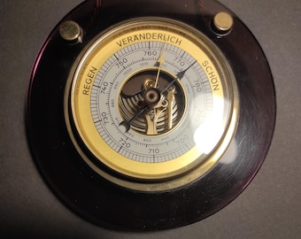 Vintage German Barometer/Antique Brass Barometer in Round Transparent Lucite Case