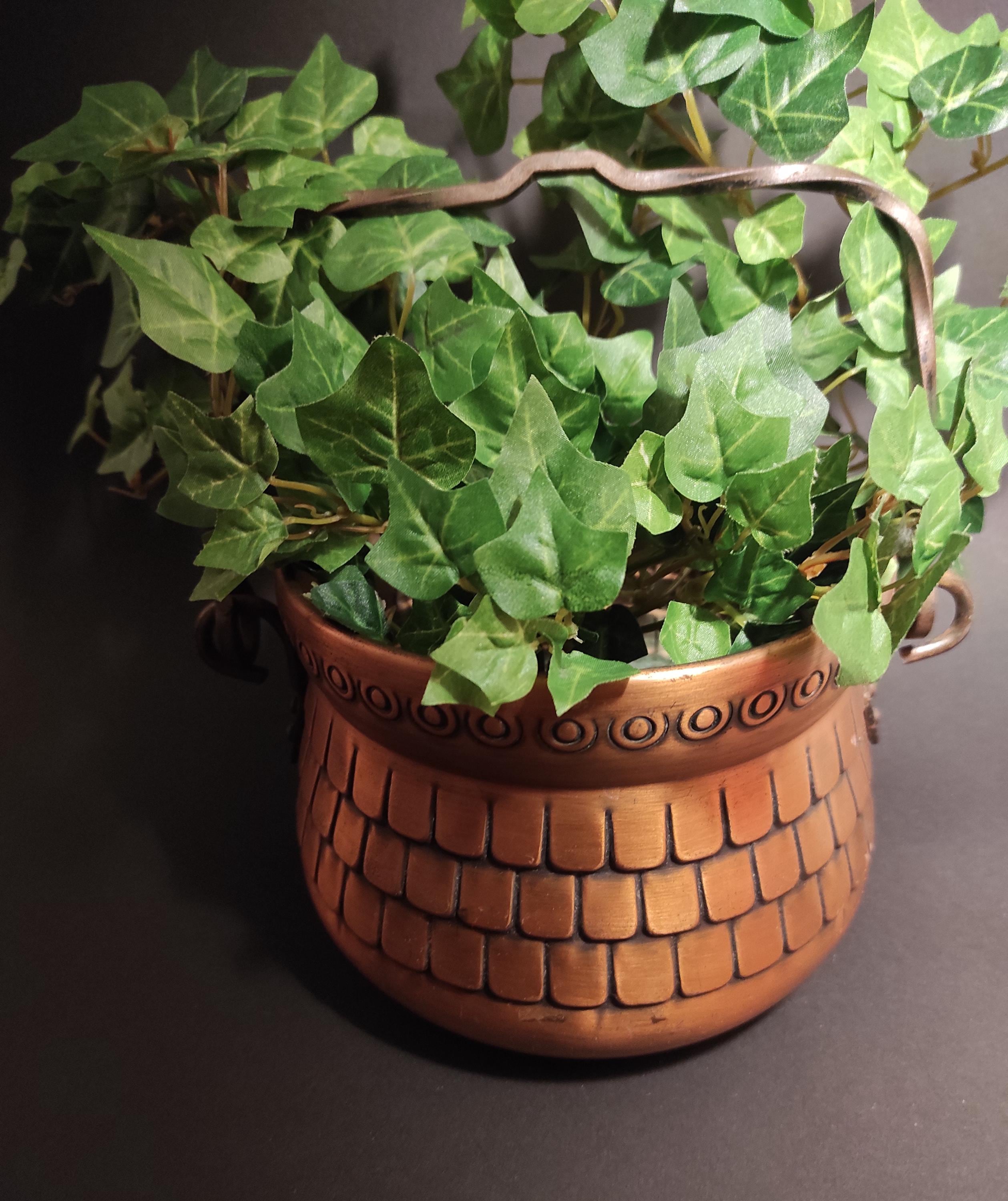 ヴィンテージ 槌目銅製植木鉢 - 植物用カシュポット - 鍛造ハンドル
