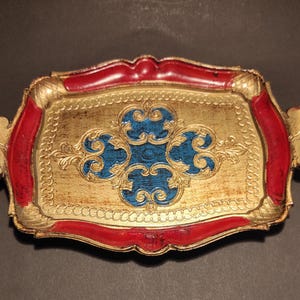 Vintage Italian small gold tray with red blue/Ornate hand painted serving tray/picnic tray or vintage decor for home kitchen cafe restaurant