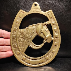 Vintage Brass Lucky Horseshoe/Horse Design Horseshoe Lucky Charm for Rustic Home, Farmhouse, Stable Decor, Housewarming or Horse Lover Gift