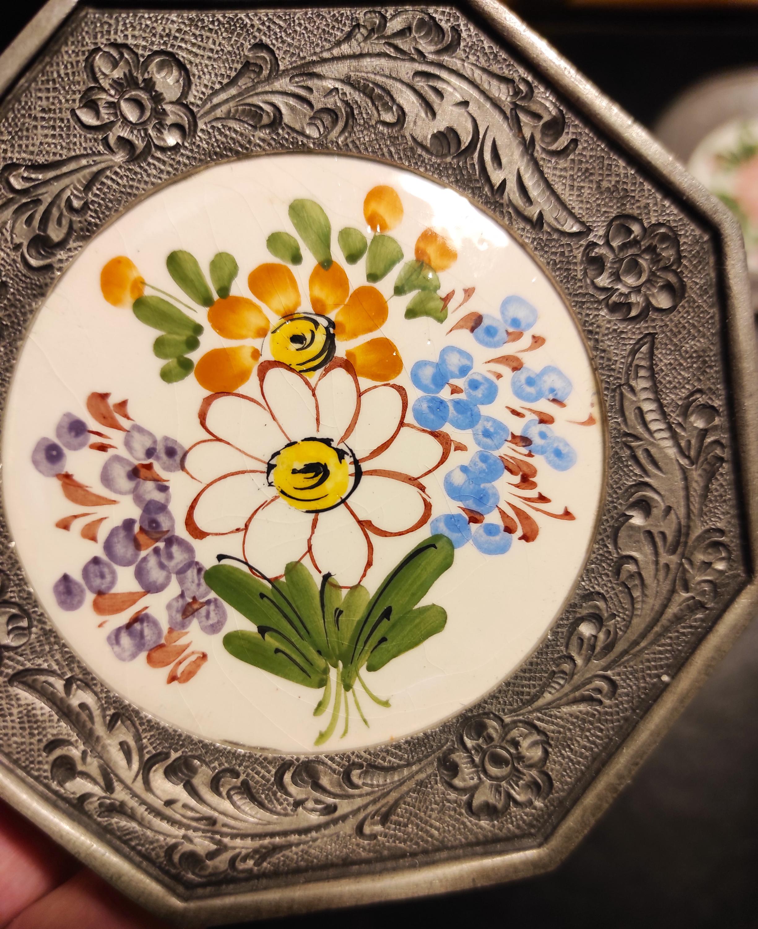 Coasters Set 6 Antique Hand Painted German Porcelain, Pewter Coasters ...
