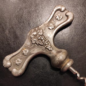 Vintage Pewter Corkscrew with Leaves and Grapes Pattern/Old heavy distressed pewter corkscrew for your bar, collection, display or gift
