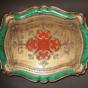 Large Vintage Italian Serving Tray/Gold with Green Tray/Decorative Tray for Breakfast, Serving, Picnic or Vintage Home and Restaurant Decor