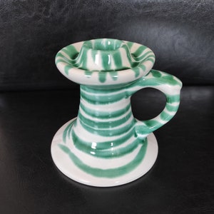 Vintage Small Studio Ceramic Candle Holder - Mid Century White and Green Ceramic Candle Holder