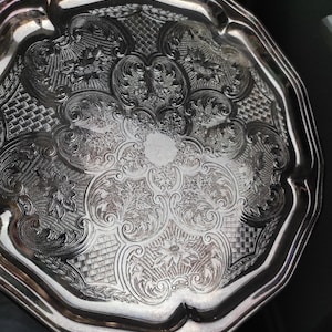 Vintage Silver Plated Brass Round Tray Hand Engraved/Old With Patina Silver Ornate Engraved Tray For Collection, Display, Serving And Decor