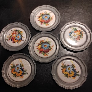 Set of 6 Vintage German Pewter Coasters - Old mid-century metal coasters for vintage decor kitchen, restaurant or bar