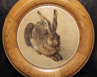 Ceramic Tile Vintage in Round Wooden Frame / Albrecht Durer painting "Young Hare" / Porcelain wall plaque is painting without glass covering