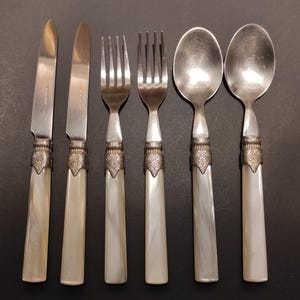 Set of 6 Vintage Cutlery - Set of old steel spoons, forks and knives with mother of pearl plastic handles
