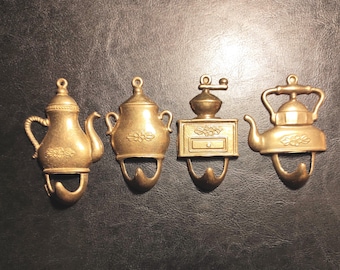 Set of 4 Vintage Brass Small Kitchen Towel Hooks