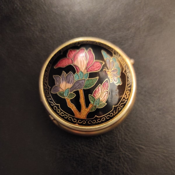 Vintage Small Metal Pill Box with Cloisonne Enamel Lid - Vintage Small Metal Pill Box with Floral and Butterfly Pattern Lid