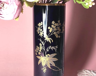 Flower Vase - Small Vintage Lindner Porcelain German Flower Vase Plated with Real Cobalt and Gold - Cobalt Blue Vase with Golden Flovers