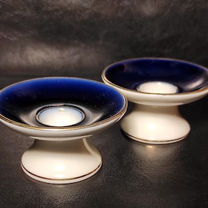 Set of Two Vintage German Porcelain Cobalt Small Candlestick/ Small candle holders mid century