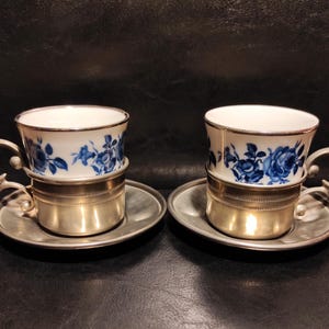 Set of two vintage German porcelain coffee cups Royal Bavaria KPM/Two coffee porcelain cups in a pewter coaster with saucer