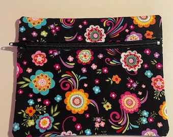 COLORFUL FLOWERS Purse Pouch / Zippered, fully lined, & machine washable / Perfect size for sunglasses, cell phone, personal items