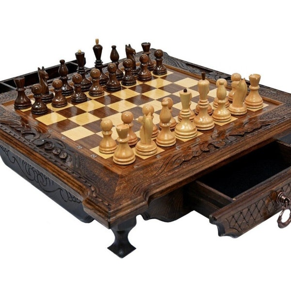 Handmade Wooden Big Walnut Wood Chess Set with 2 drawers 19.3inch Unique Handmade Board Game