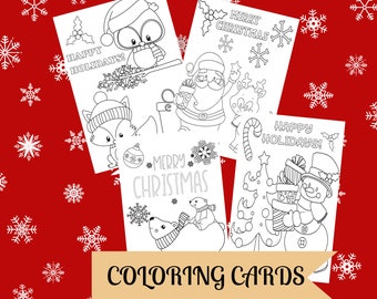 May include: Four black and white coloring cards with Christmas themes. The cards feature a fox, an owl, Santa Claus, a snowman, and a polar bear. The cards have the text "Happy Holidays!" and "Merry Christmas!" on them.