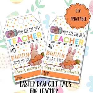 Może przedstawiać: Drukowane etykiety na prezenty wielkanocne z kreskówkowym królikiem trzymającym marchewkę. Etykiety mówią "Jesteś najlepszym nauczycielem, jakiego można sobie życzyć" i "Wesołych Świąt Wielkanocnych!"