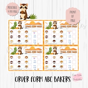 Peut inclure: Formulaire de commande imprimable pour ABC Bakers, avec un raton laveur, des cactus et un design de coucher de soleil dans le désert. Le formulaire comprend des sections pour le nom, les dons, le total des boîtes, le total dû et payé. Le texte "Thanks Ferry Muchi" est également présent.