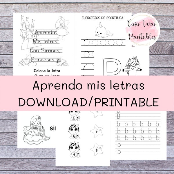 Aprendo mis letras con Sirenas, Princesas y Unicornios/ ABC Spanish Printable/ Coloring Pages/ Aprender Escribir Abecedario/ Digital
