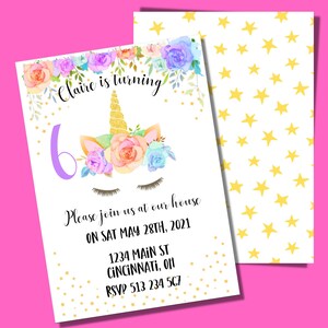 UNICORN Birthday Invitation  Digital Download/ Print at Home/ DIY Invitation/ 6th Birthday Unicorn Invitation