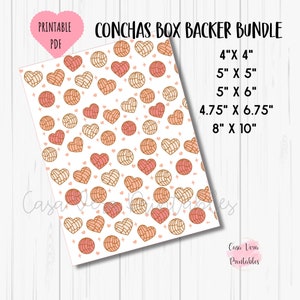 May include: Printable PDF pattern featuring a white background with a repeating pattern of pink and beige concha bread. The text "CONCHAS BOX BACKER BUNDLE" is at the top of the image. The text "PRINTABLE PDF" is in the top left corner. The text "4" x 4", "5" x 5", "5" x 6", "4.75" x 6.75", and "8" x 10" is listed in the top right corner.