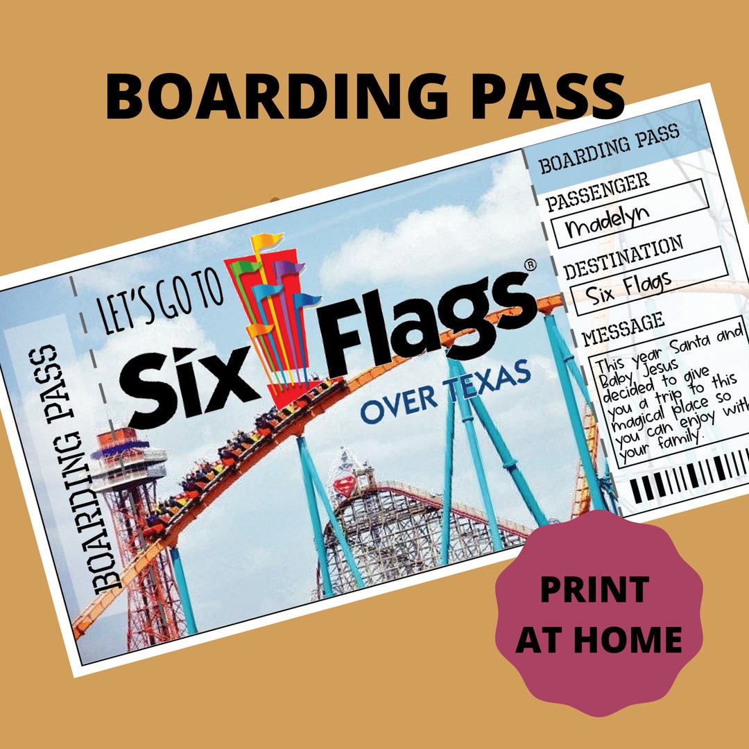 Six Flags Printable Airline Ticket Boarding Pass Template, Vacation