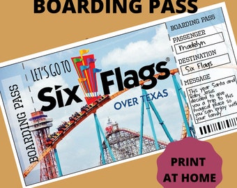 Plantilla de tarjeta de embarque de billete de avión imprimible de Six Flags, vacaciones, viaje, sorpresa. Personalizado. Listo para imprimir. Billete de avión falso