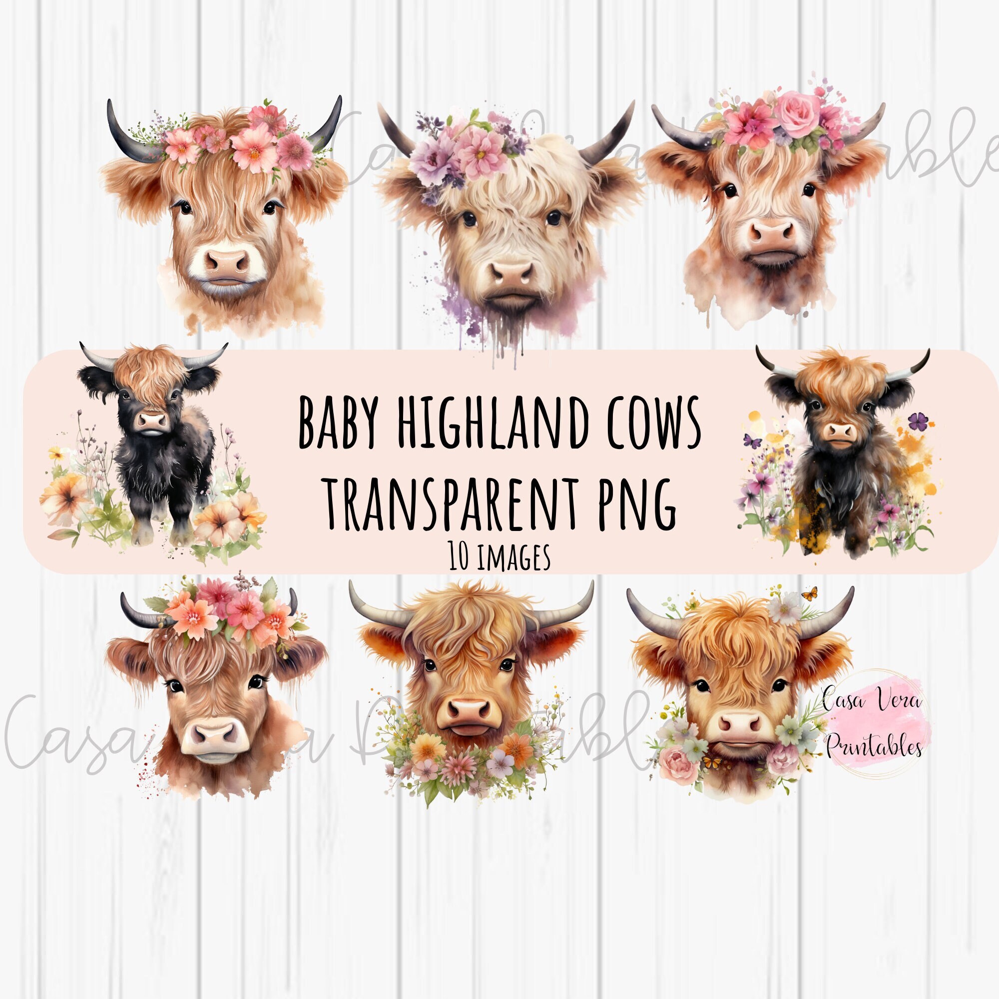 Watercolor Highland Cow 10pc PNG | Cute Boho Highland Cow | Commercial ...