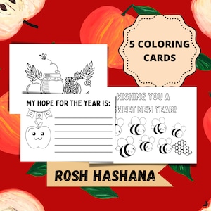 Cartões de Rosh Hashana/Cartões de Ano Novo Judaico Atividade Infantil/Cartões de felicitações Conjunto de 5/Cartões de Shana Tova para crianças/Cartões de Shana Tova para impressão