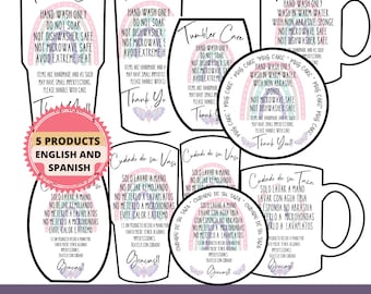 Care Card Bundle Ready to Print and Cut, Cup Care, Mug Care, Tumbler, Wine Tumbler, Circle,  Bilingual English and Spanish Files PDF PNG JPG