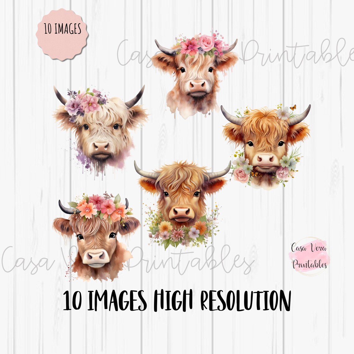 Watercolor Highland Cow 10pc PNG | Cute Boho Highland Cow | Commercial ...