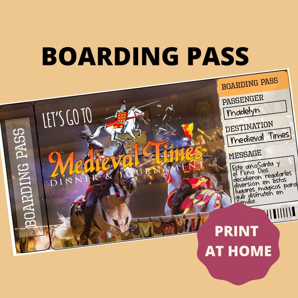 Medieval Times Printable Airline Ticket Boarding Pass Template, Vacation, Trip, Surprise. Personalized. Ready to print. Fake Plane Ticket