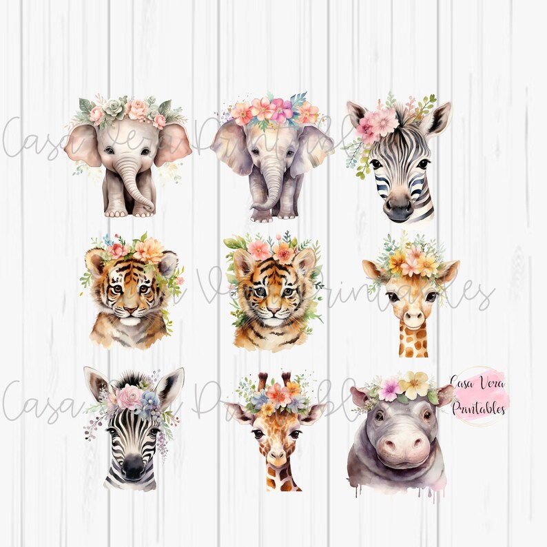 Watercolor Baby Safari 10pc PNG | Cute Boho Zoo Baby Animals ...