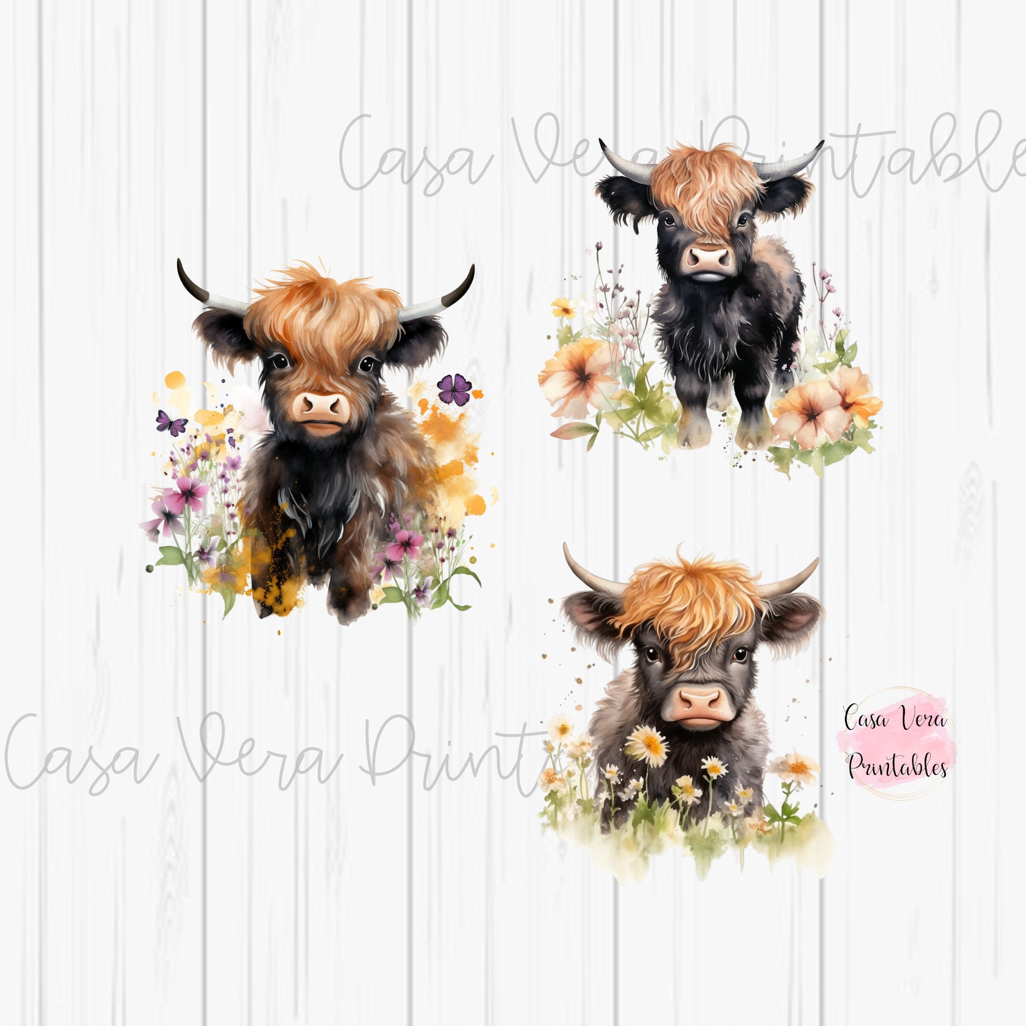 Watercolor Highland Cow 10pc PNG | Cute Boho Highland Cow | Commercial ...
