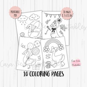 May include: Four printable PDF coloring pages featuring whimsical duck illustrations. Each page showcases a different scene with ducks, balloons, rainbows, and party elements. The pages are 8.5 x 11 inches and include 10 coloring pages.