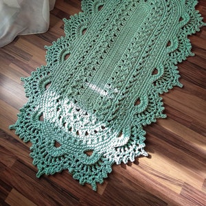 Green Oval crocheted rug, textured cozy carpet, crochet bedside mat, handmade laced rug