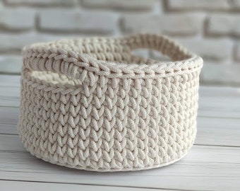 Beige basket, Crochet round cotton basket with handles, Knit cotton storage basket, Round knitted basket with handles, handmade gift basket