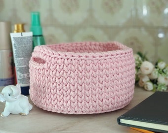 Crochet round cotton basket with handles, Knit cotton storage basket, Round knitted basket with handles, handmade gift basket