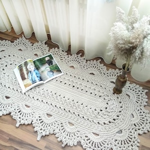 Oval doily handmade crochet rug, Many colors to order carpet, beige color carpet, textured cozy carpet, crochet bedside mat, laced rug