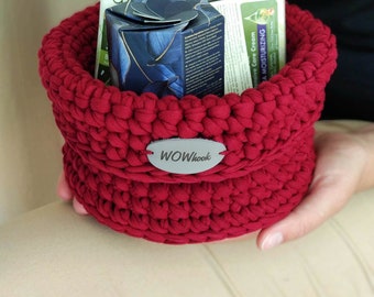 Round crochet basket, make up storage bin, cotton red basket, shelf basket, basket organizer, nursery basket red, Christmas gift