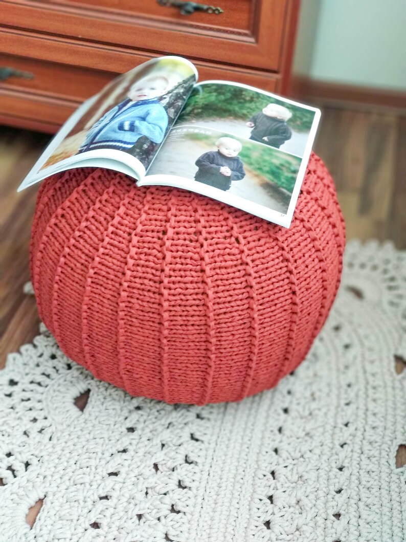 KNITTING PATTERN & video tutorial how to knit Pouf with ribs, Poof Knitting Ottoman Footstool Bean Bag, Pouffe, Floor cushion image 3