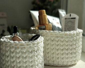 Set of 2 baskets, White crochet basket, Scandinavian style,  small storage bin, spa baskets