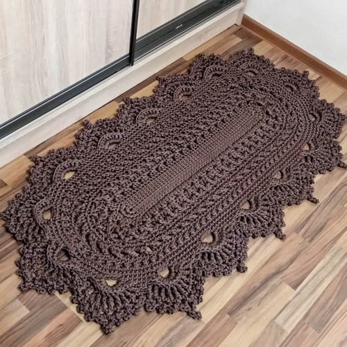 Oval crocheted rug, textured cozy carpet, crochet bedside shops mat, laced rug