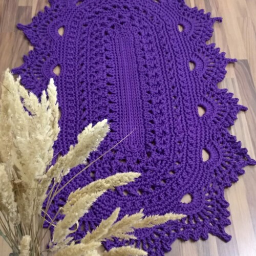 Bright purple crochet oval bedside rug, Oval knitted rug, shops textured cozy carpet, laced rug, polyester cord carpet